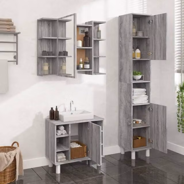 Berkfield Home 3 Piece Grey Modern Wall Mounted Bathroom Cabinet Set in Engineered Wood