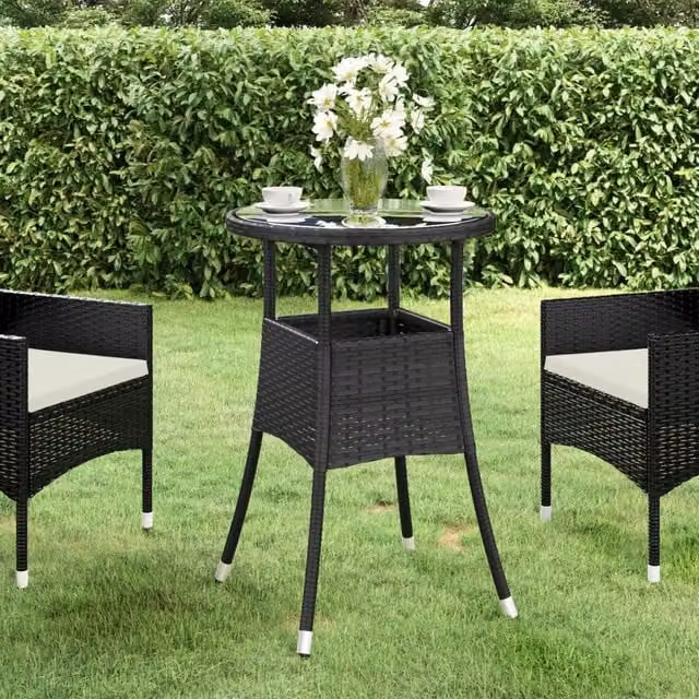 Berkfield Home Garden Table in Black with Tempered Glass and Poly Rattan, Diameter: 60 cm, Height: 75 cm