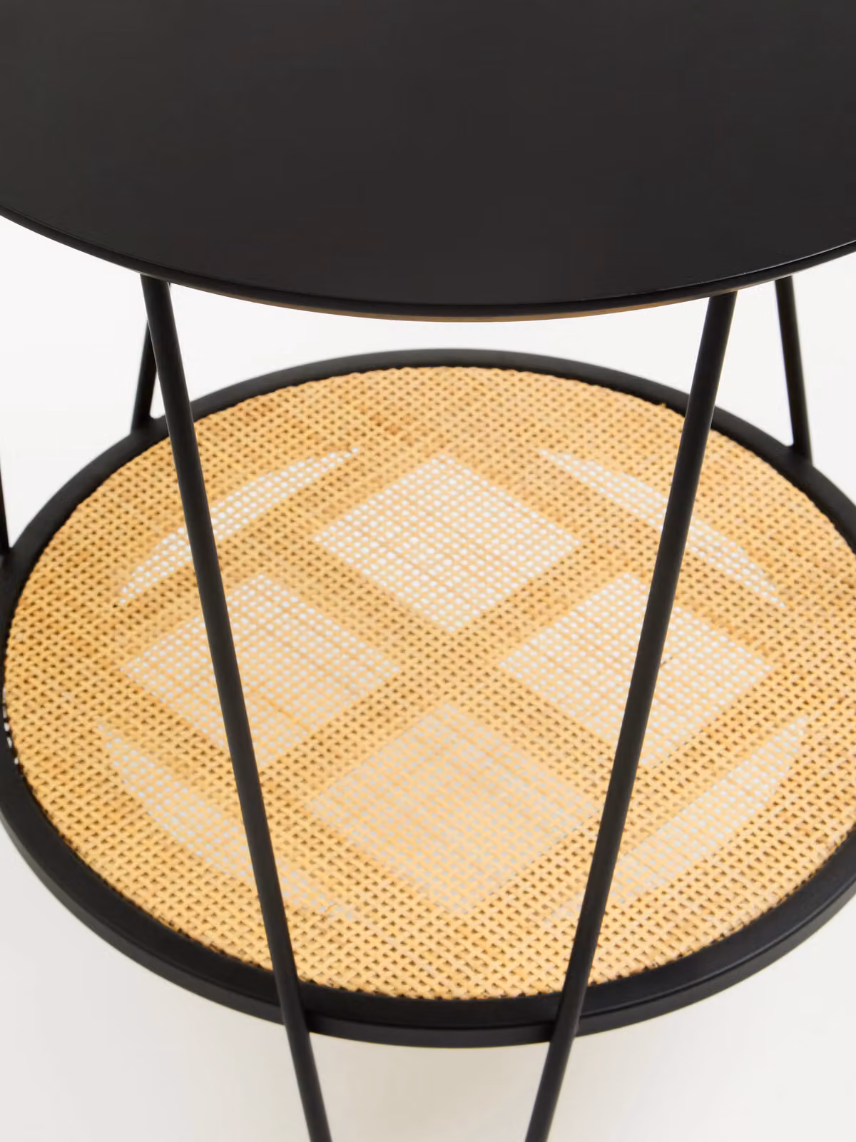 Orsina Round Side Table with Natural Rattan Top and Black Metal Hairpin Legs – 3
