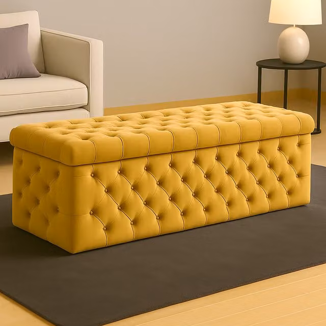 R&M Furnishers Wide Lux Chesterfield Ottoman Storage Box in Silver Velvet with Gold Accents