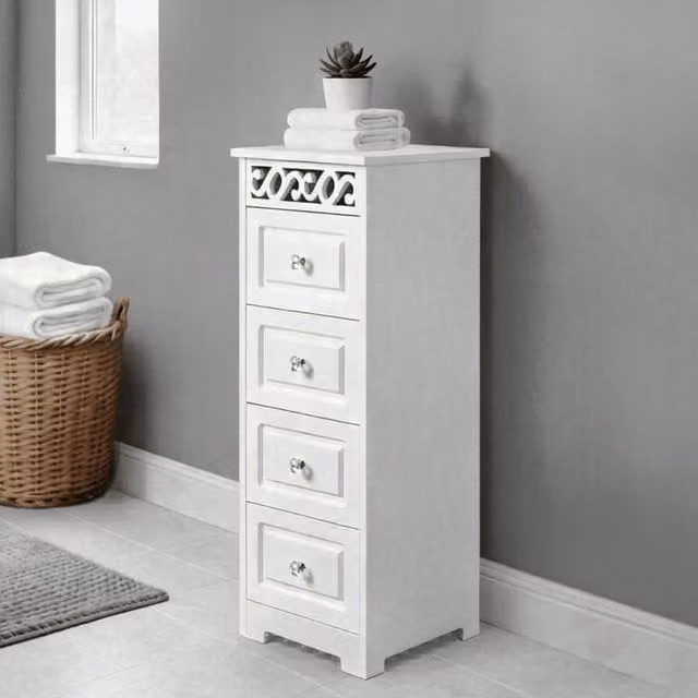 Home Source White Lacquered Wooden Hallway Storage Cabinet with 4 Drawers and Crystal Handles