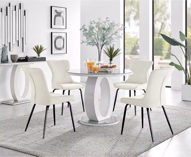 FurnitureboxUK Giovani Round Grey Glass Dining Table 100cm and 4 Nora Black Leg Chairs in Cream