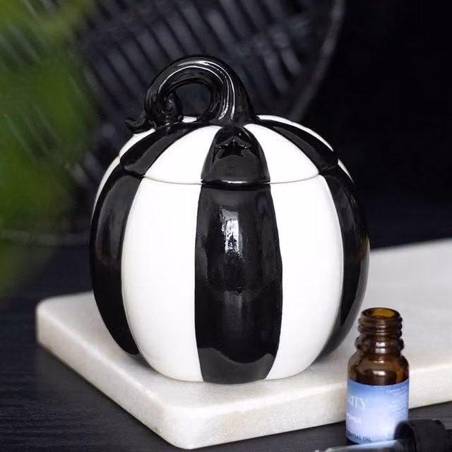 Uniqueful Black and White Striped Ceramic Pumpkin Oil Burner for Tealights