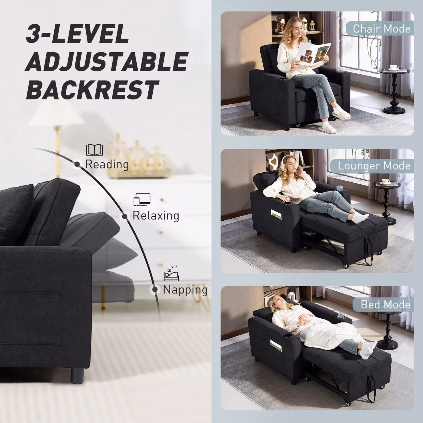 HOMCOM 3-in-1 Single Sofa Bed, Convertible Sleeper Chair with Armrests in Black – 5