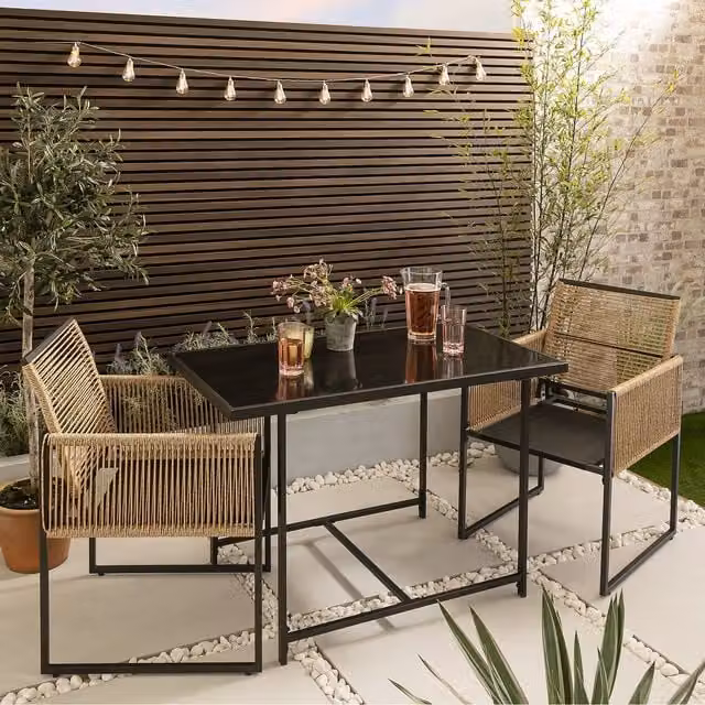 Noa and Nani Modern Black Polyrattan Garden Table Set with Glass Top