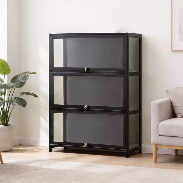 FLAVORA Black Bamboo and Acrylic Figurine Storage Display Cabinet with Glass Doors, W/D/H: 80 x 33 x 106 cm