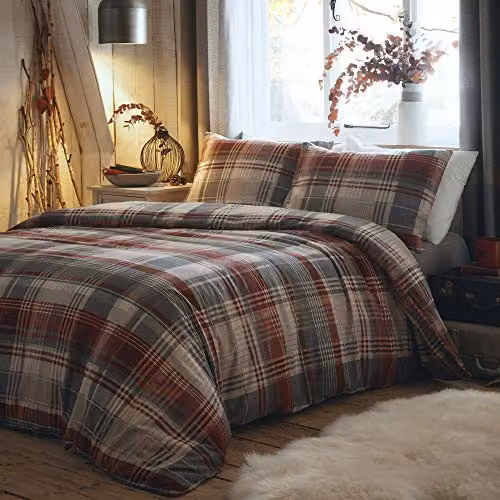 Dreams & Drapes Connolly Red and Grey Multicolour Checked Cotton Flannelette Duvet Cover and Pillowcase Set, W/D/H: 180 x 200 cm – 1