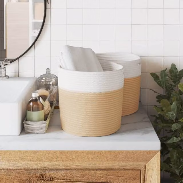 Berkfield Cotton Home Storage Baskets, 2 Pack, Beige and White, W/D/H: 28 x 28 x 28 cm