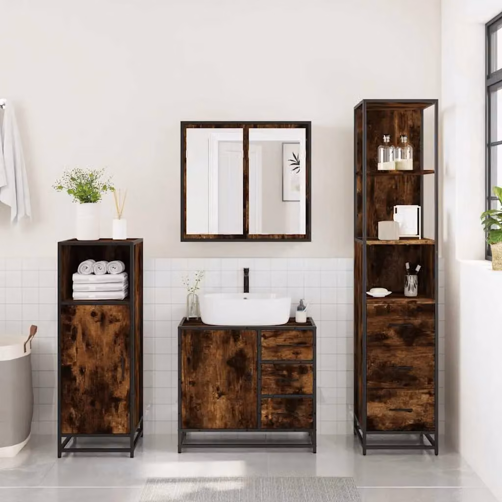 Berkfield Home 3 Piece Industrial Bathroom Furniture Set in Smoked Oak Brown – 3