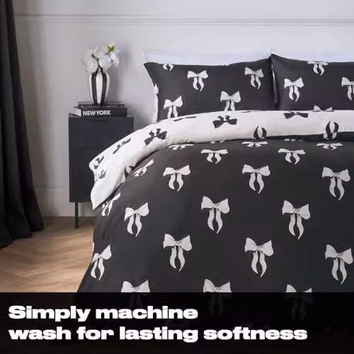 OHS Reversible Bow Printed Microfibre Single Bedding Set with Duvet Cover and Pillowcase, White and Black, W/D/H: 135 x 200 cm – 3