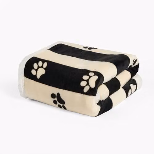 OHS Stripe Paw Print Sherpa Fleece Dog Blanket, Monochrome, W/D: 100 x 120 cm