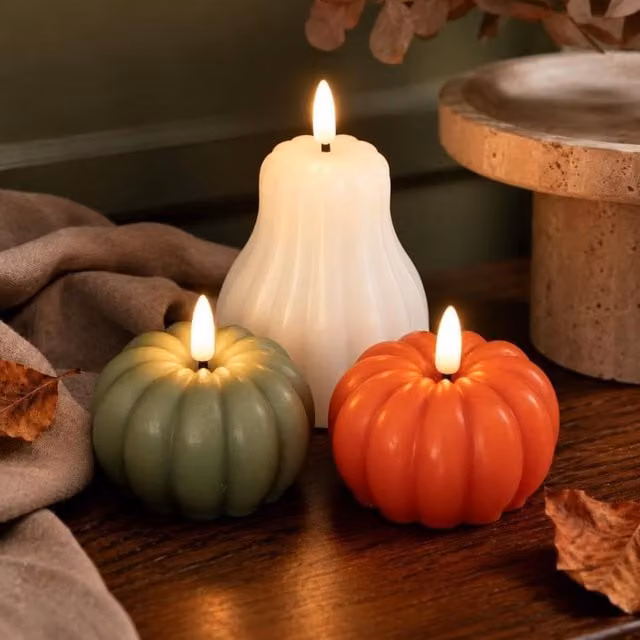 Marco Paul Set of 3 Autumn Flameless LED Wax Candles in Orange, Green and White with Timer