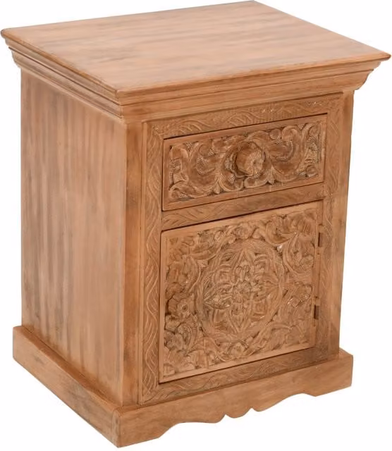 IH Design Shabby Chic Floral Carved Mango Wood Bedside Table in Brown