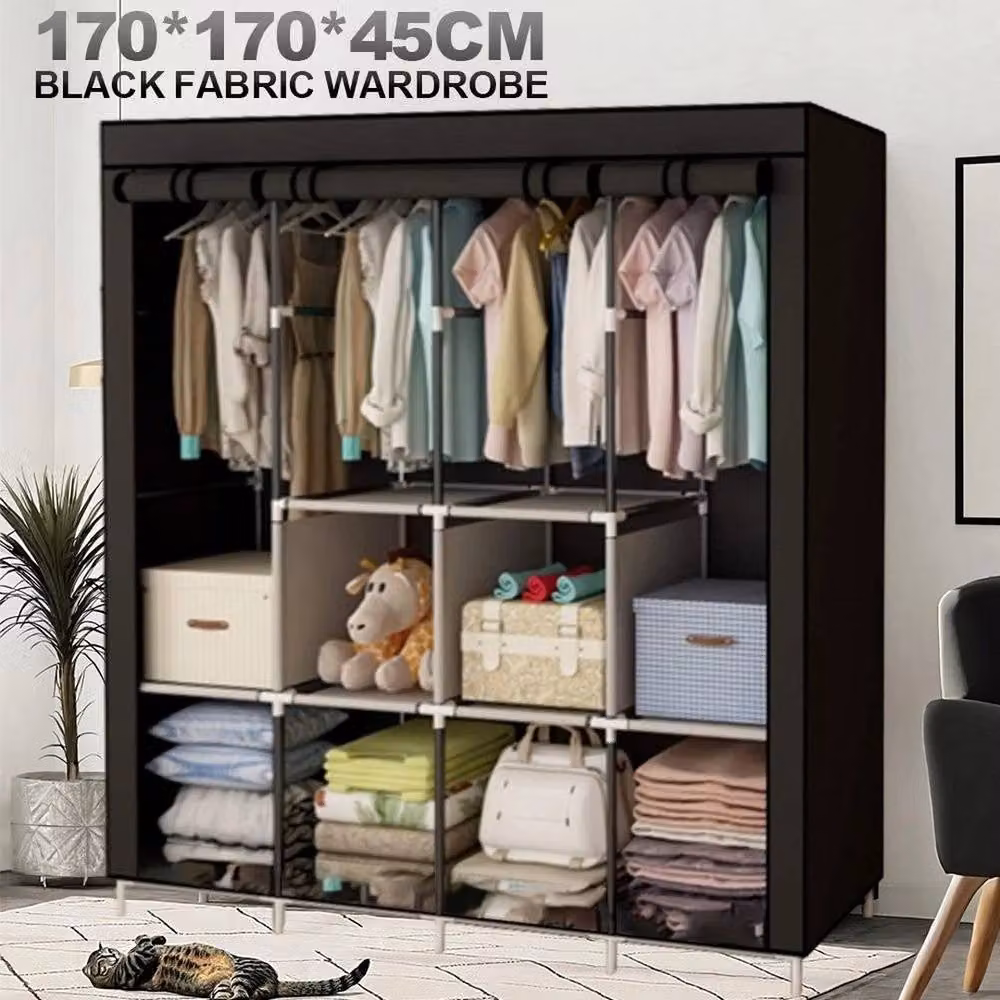 KORVIXA Black Fabric Canvas Wardrobe with Clothes Hanging Rail W/D/H: 100 x 100 x 100 cm – 4