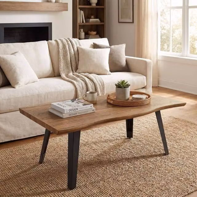 FWStyle Nassau Wave Edge Coffee Table in Brown Oak Effect with Black Metal Frame, W/D/H: 120 x 65 x 45 cm – 1