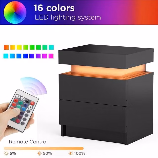 Nordara Black 2-Drawer High Gloss LED Bedside Table with RGB Integrated Lighting in Black