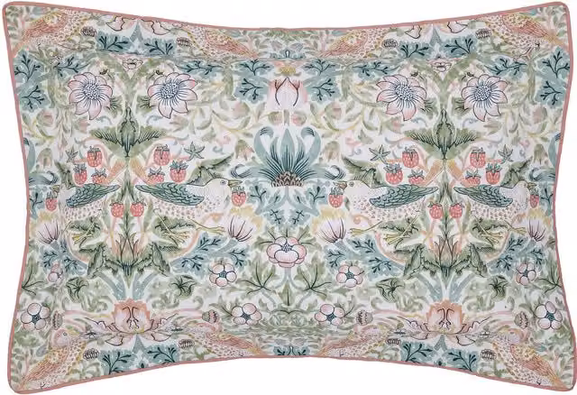Morris & Co Strawberry Thief Oxford Pillowcase in Pink, Green and Multicolour Cotton Percale