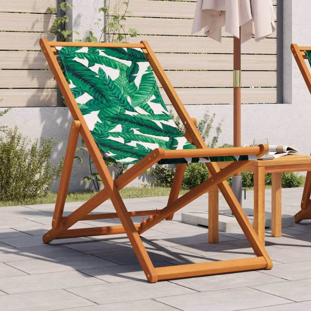 Berkfield Home Folding Beach Chair in Green and Brown with Floral Leaf Pattern, Eucalyptus Wood and Fabric – 2