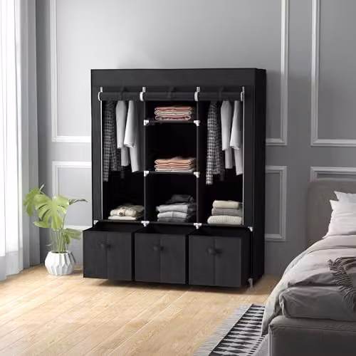 HOMCOM Black Fabric Wardrobe with Roll Shutter, Hanging Rod, Internal Shelves and Drawers – 6