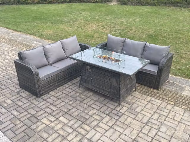 Fimous 3 Piece Rattan Garden Furniture Set with Fire Pit Table in Dark Grey