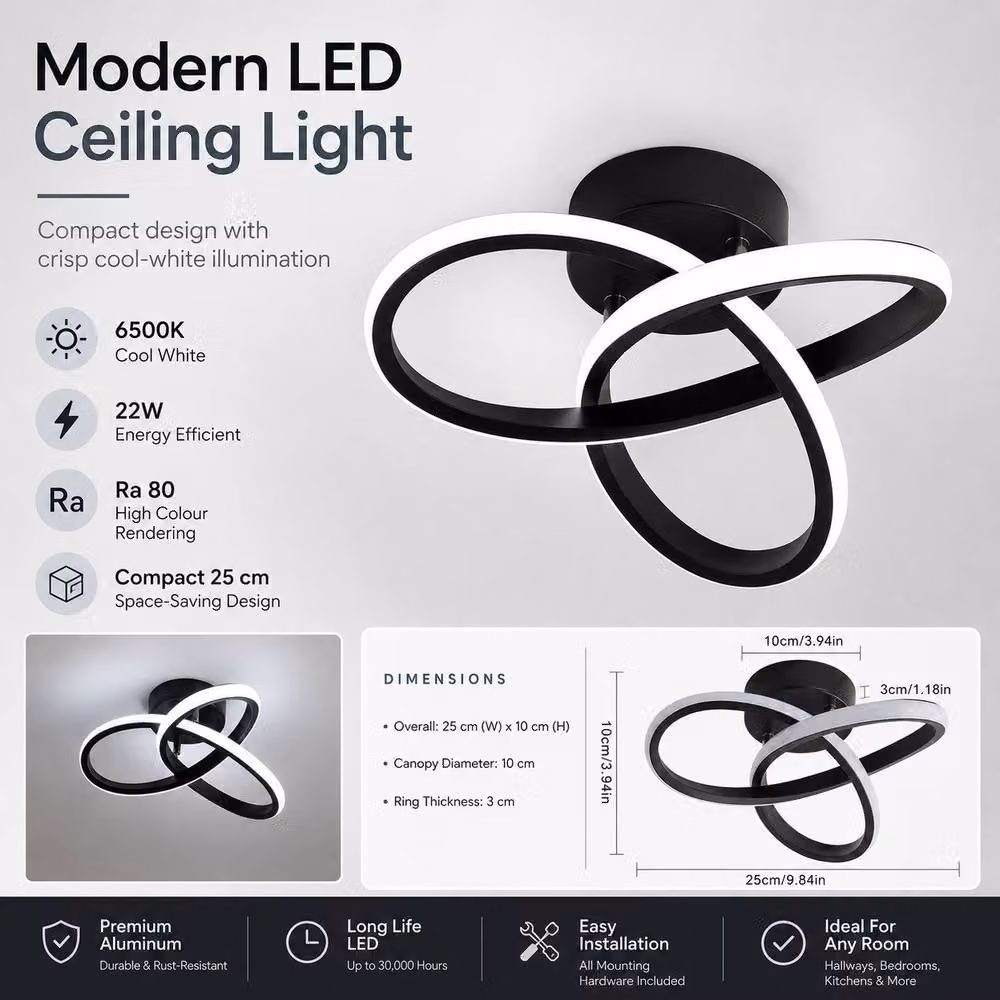 Goeco Modern Organic LED Ceiling Light in Black, 22W, 2500LM, 6500K, Diameter: 25 cm – 7