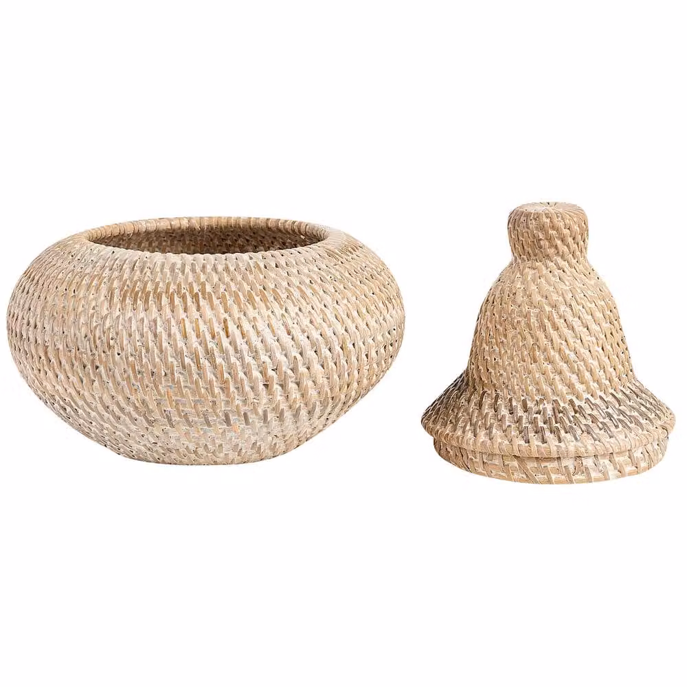 Wyld and Coco Rattan Storage Basket with Lid in Beige and Sand, Diameter: 25 cm – 3