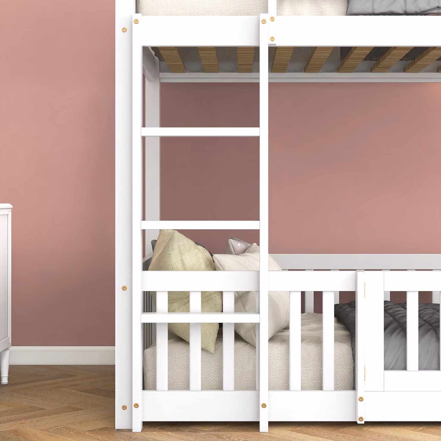 Aosom.UK Childrens Solid Pine Wood Bunk Bed with Safety Railings and Right-Angled Ladder in White, W/D/H: 198 x 101.5 x 150 cm – 3