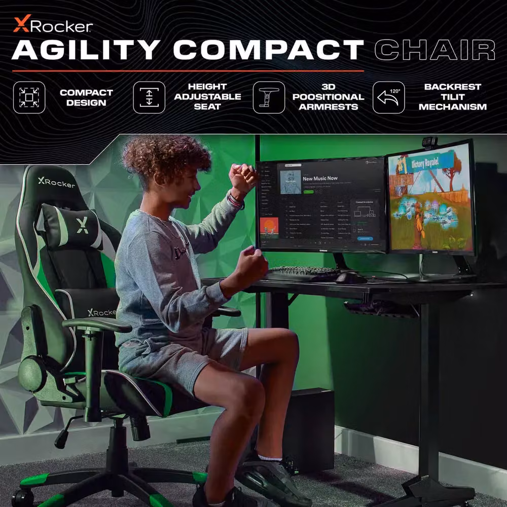 X Rocker Agility Junior Gaming Chair in Green with Synthetic Leather and Headrest – 2