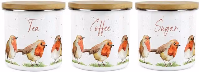 Purely Home English Robins Floral Kitchen Canister Set of 3, Red and White, Airtight Metal and Ceramic Storage with Bamboo Lids