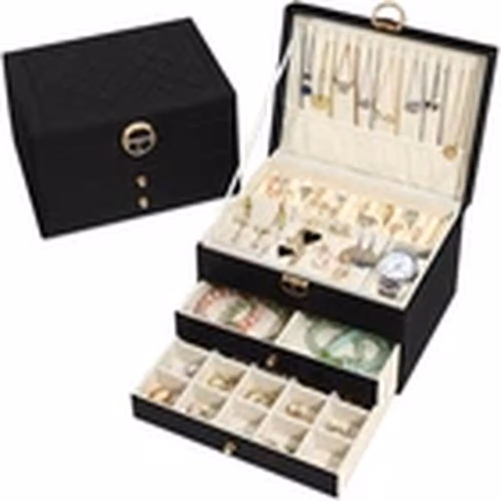 EONLION 3-Tier Large Fabric Jewellery Box Drawer Cabinet and Necklace Organiser in Black – 3