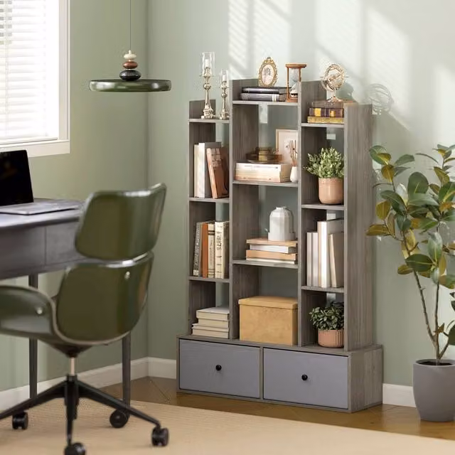 HOMCOM 12-Tier Tree Bookshelf with 2 Foldable Drawers, Grey Wood Effect, W/D/H: 120 x 24 x 124 cm – 1