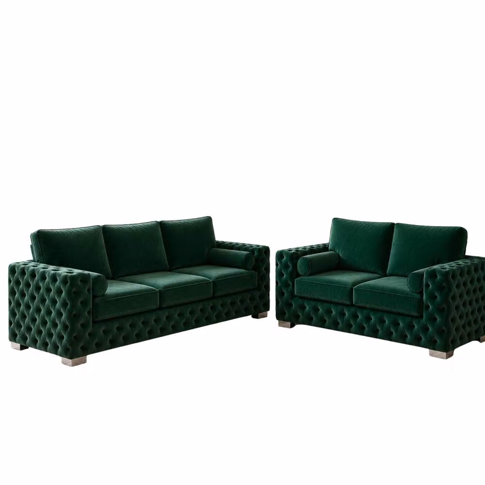 Stratus Interiors Ashley Dark Green Fabric Chesterfield 2 and 3 Seater Upholstered Sofa Set – 2