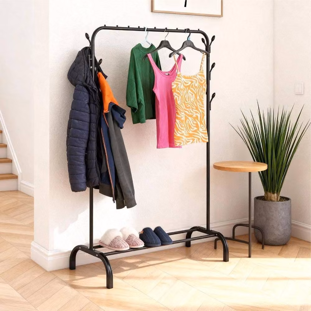 NESTLUNE Matt Black Metal Clothes Rail with Dual Hook and Rail Matrix, H 148 cm x W 110 cm – 2