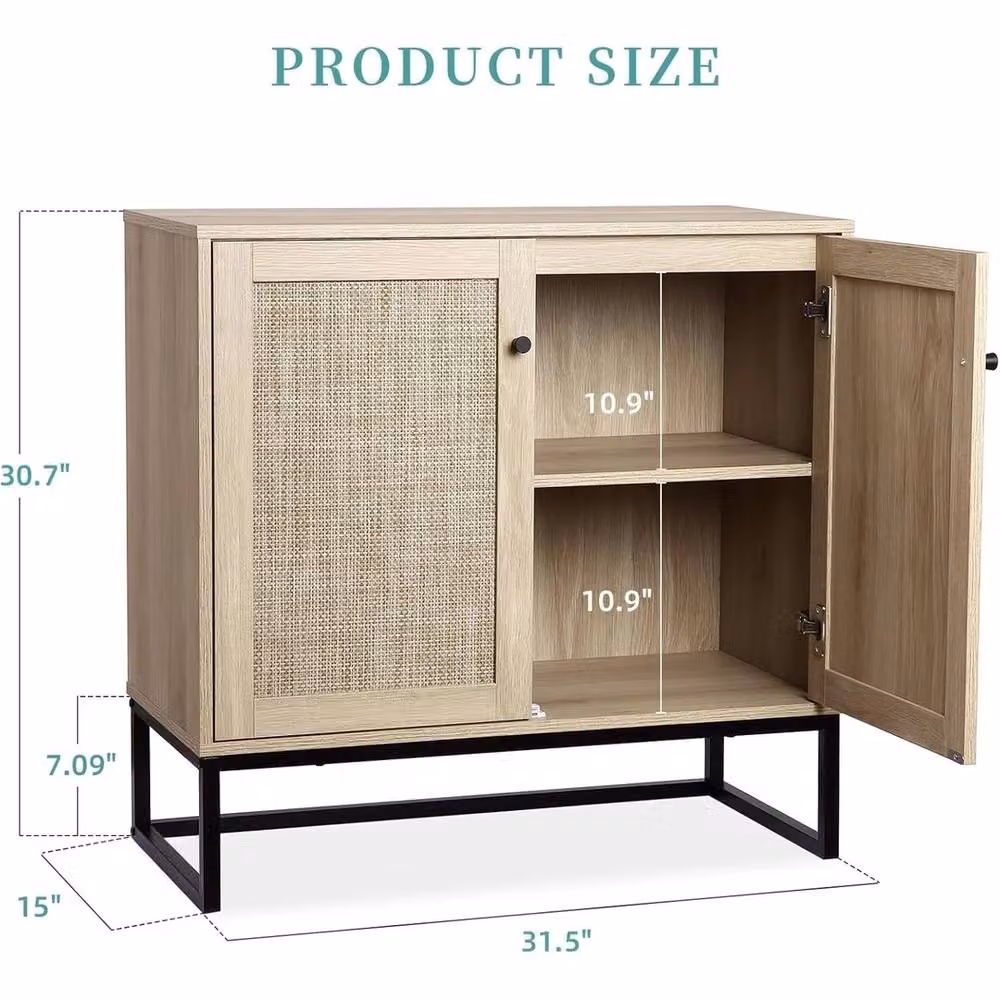 VOGREX Beige Rattan and Oak Sideboard Buffet Storage Cabinet for Kitchen or Hallway – 2