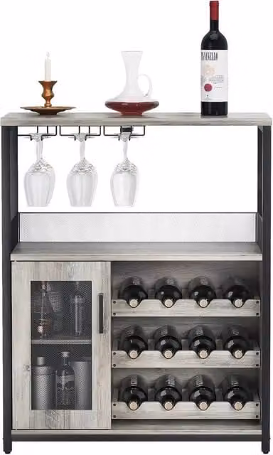 VOGREX Grey Industrial Wine Bar and Coffee Cabinet with Bottle Rack, Glass Holder and Glass Doors