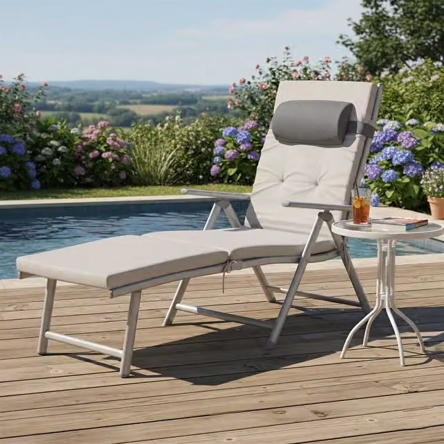 SONGMICS Modern Reclining Outdoor Lounger with Adjustable Backrest, Armrests and Weatherproof Cushion in White and Grey