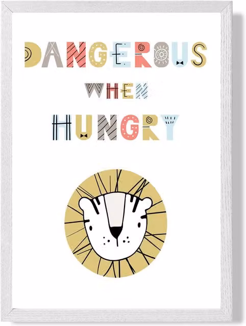 ARTZE Dangerous When Hungry Lion Scandi Quote Framed Print, A4, White Frame, Pale Blue