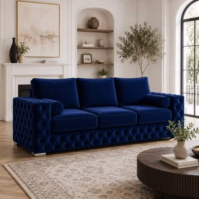 Stratus Interiors Ashley Luxury Chesterfield 3 Seater Fabric Upholstered Sofa in Navy Blue, W: 203.2 cm, H: 76.0 cm, D: 67.0 cm – 1