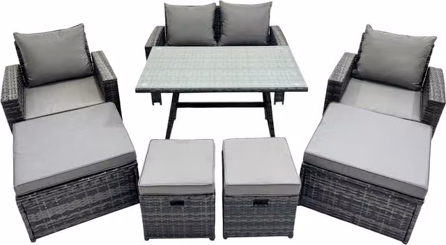 Fimous 8 Seater Outdoor Dining Set with Double Seat Sofa and 4 Stools in Dark Grey – 1