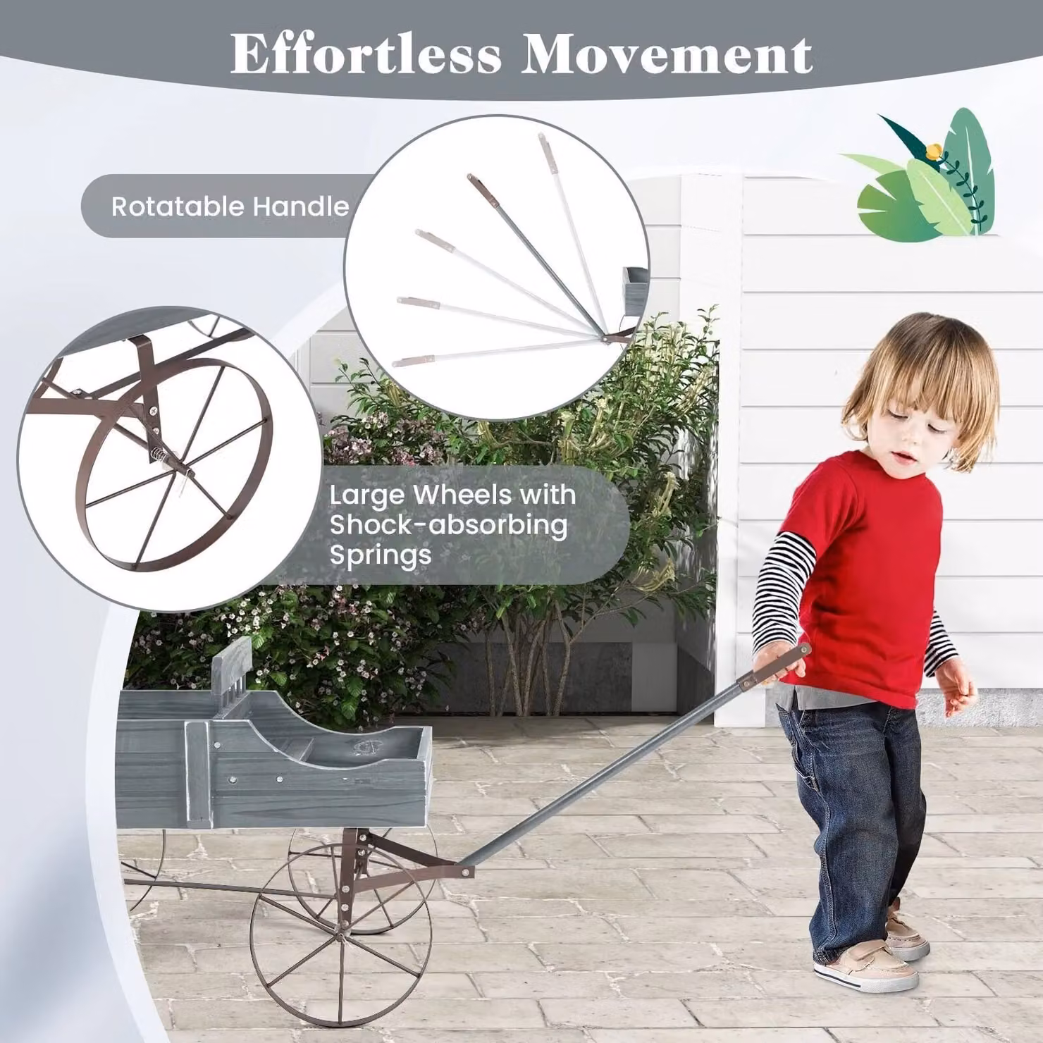 Gymax Wood Wagon Flower Planter with Wheels in Grey, W/D/H: 62 x 34 x 60 cm – 5