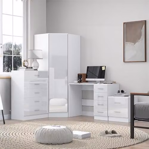 REFLECT Modern Bedroom Furniture Set in White Gloss and Matt White Finish, including Corner Wardrobe, 5 Drawer Tallboy Chest, 2 Drawer Bedside Table and Desk/Dressing Table