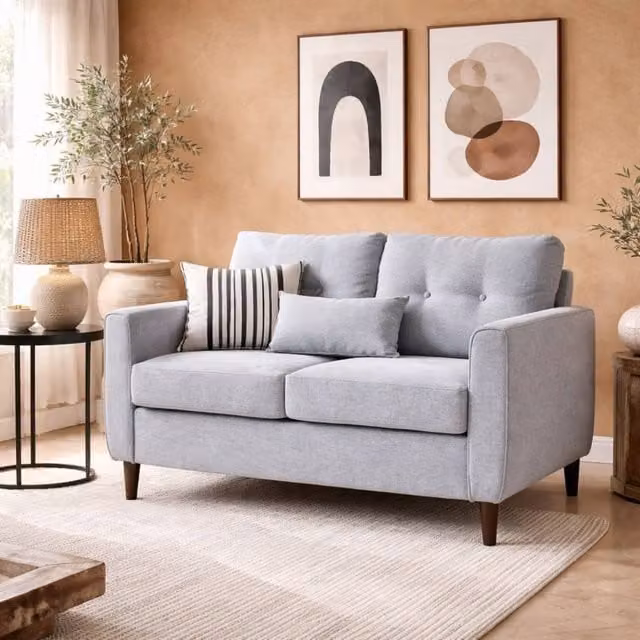 Wyld Haus Kero Lora 2 Seater Loveseat in Light Grey Linen Fabric with Spring Cushions and Solid Wood Frame, W: 140 cm, H: 83 cm, D: 140 cm