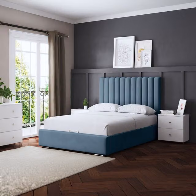 DS Living Evangeline Panel Bed with Headboard and Lift Up Base in Blue, W: 200 cm x D: 200 cm