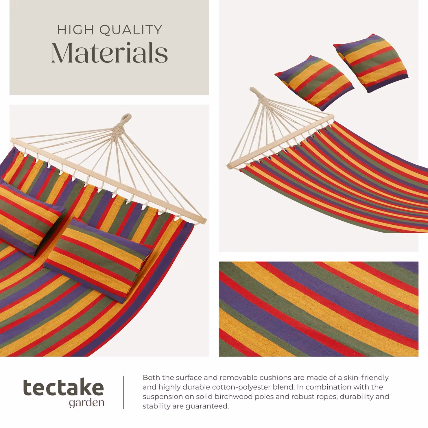 tectake Hammock Eden 2 Seater Multicolour Striped Garden Hammock with Spreader Bars and Cushions – 4