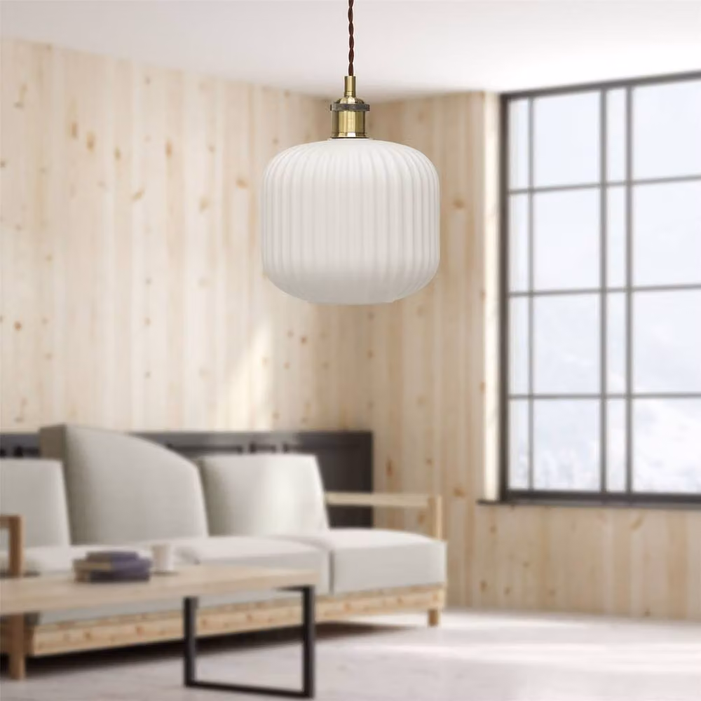 First Choice Lighting Bento Retro Pendant Fitting with White Ribbed Glass and Gold/Brass Finish – 2