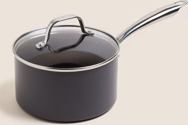 M&S Hard Anodised Non-Stick Saucepan with Glass Lid, Black, 18cm