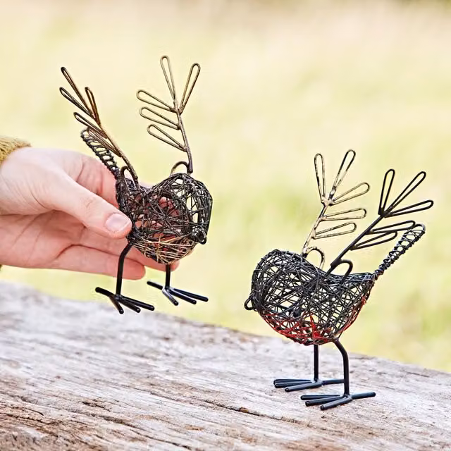 Paper High Set of Two Small Wire Winged Robin Decorative Ornaments in Black, Red and Gold