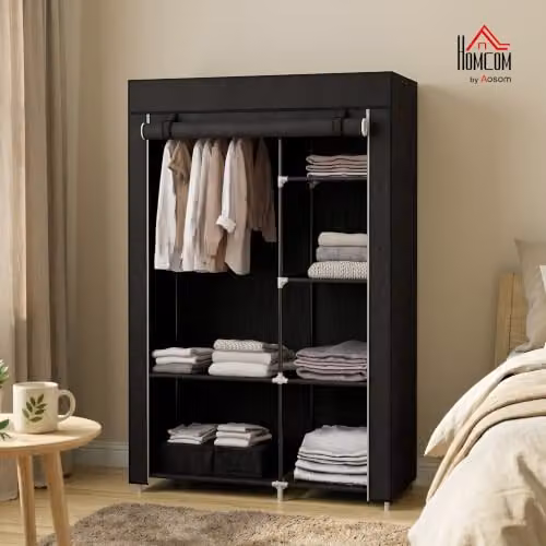 HOMCOM Black Fabric Wardrobe with Hanging Rail and Internal Shelves W/D/H: 103 x 43 x 162.5 cm – 2