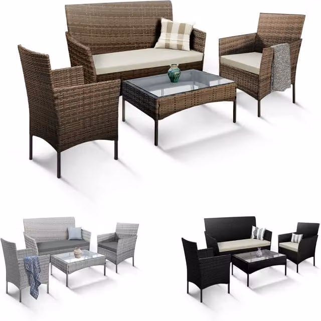 Keplin Modern Brown Rattan Garden Furniture Set with Upholstered Cushions, 2-Seater Sofa, Lounge Armchair and Coffee Table