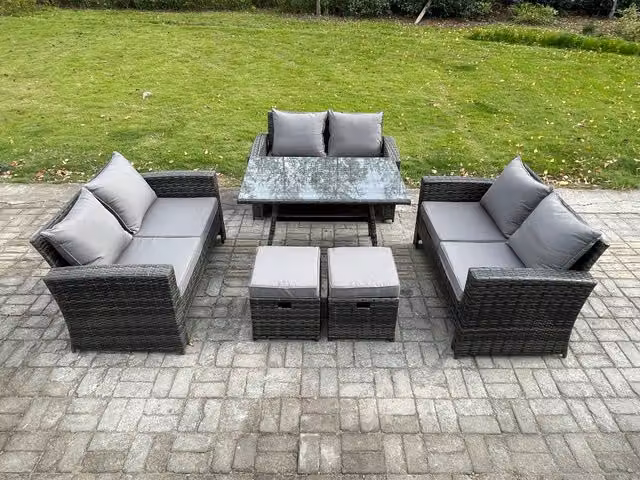 Fimous Outdoor Lounge Sofa Set with Rectangular Dining Table in Dark Grey PE Rattan